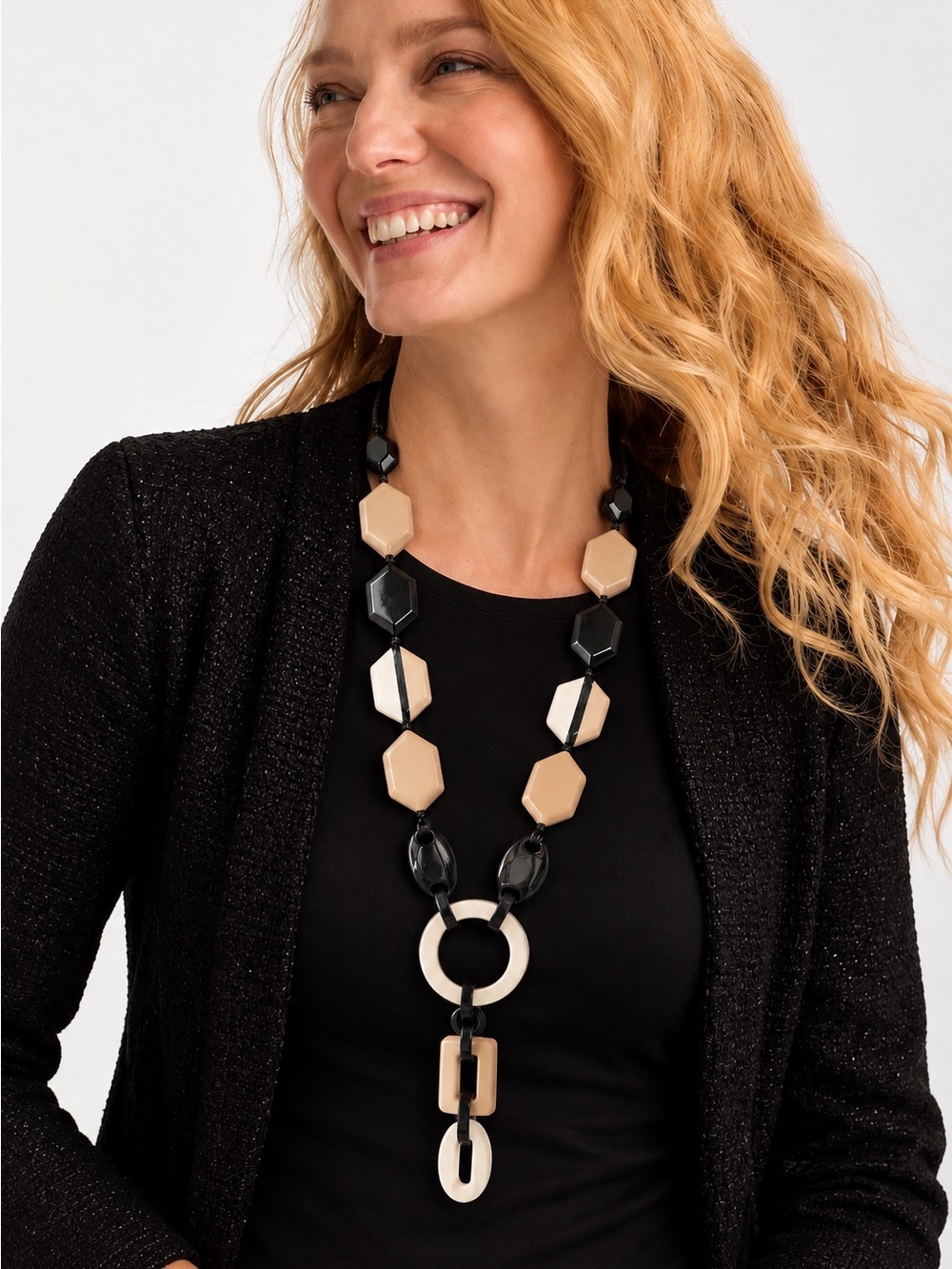 44” Extra Long Resin Geometric Statement Y Necklace Black Beige Cream